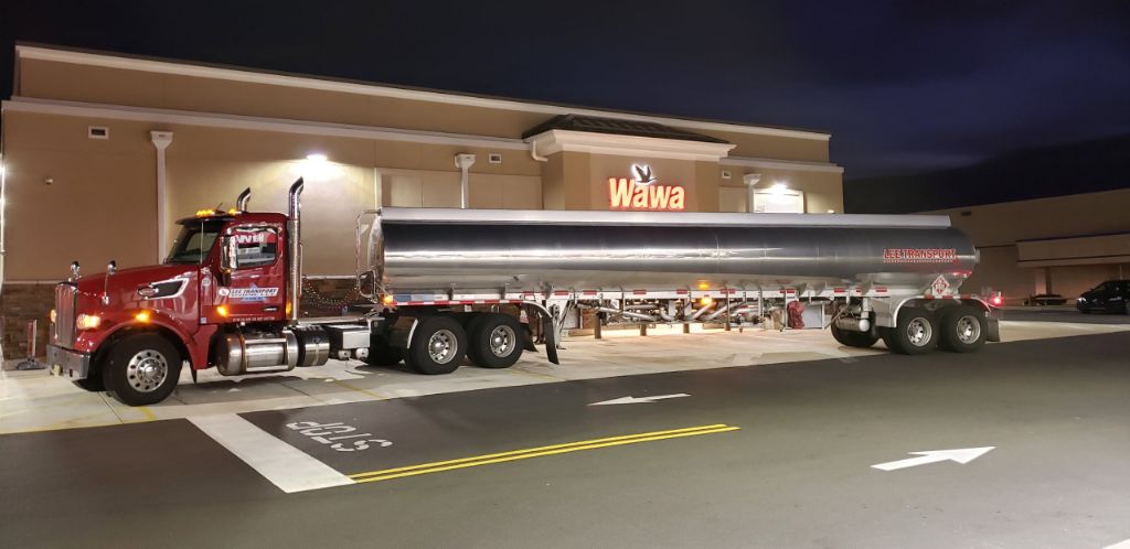 Lee Transport tanker delivering fuel to Wawa at night